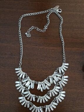 Silver-Tone Statement Bib Necklace with Clear Crystal Accents